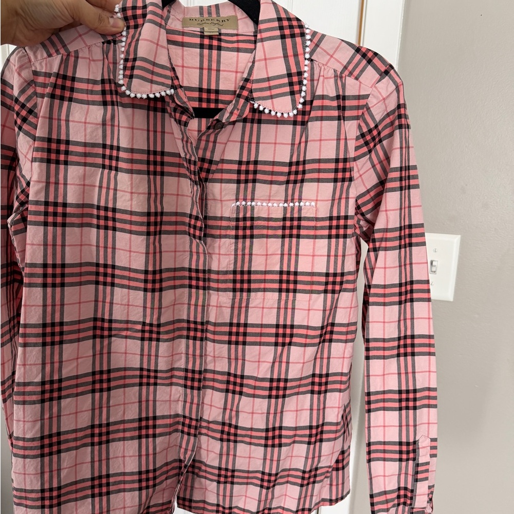Burberry Pink Plaid Lace Trim Button Down Shirt Business Office - Picture 11 of 11